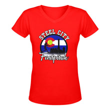 Load image into Gallery viewer, Steel City Vneck Red Women's Deep V-neck T-shirt (Model T19)