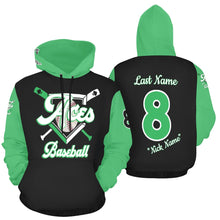 Load image into Gallery viewer, Aces BaseballHoodie, Name/Last/Nick/Baseball Number Green Sleeve All Over Print Hoodie for Women (USA Size) (Model H13)