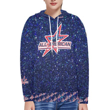 Load image into Gallery viewer, All American Softball Number Nickname Blue Glitter Basic Numbers Women's Long Sleeve Fleece Hoodie (Model H55)