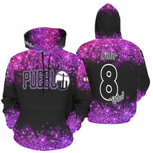 Load image into Gallery viewer, Pueblo Steel Logo purple PS Last name/Number Nickname Glitter All Over Print Hoodie for Women (USA Size) (Model H13)