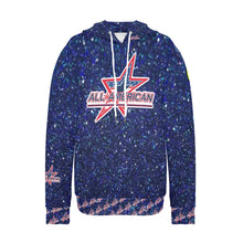 Load image into Gallery viewer, All American Softball Number Nickname Blue Glitter Yellow Softball Numbers Women's Long Sleeve Fleece Hoodie (Model H55)