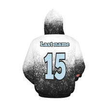Load image into Gallery viewer, Flight Hoodie Black/White Name on hood. Light Blue Words All Over Print Hoodie for Men (USA Size) (Model H13)