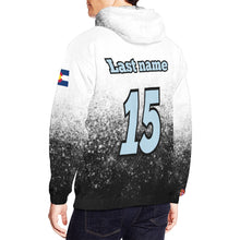 Load image into Gallery viewer, Flight Hoodie Black/White Name on hood. Light Blue Words All Over Print Hoodie for Men (USA Size) (Model H13)