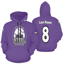 Load image into Gallery viewer, Pueblo Steel Last Name/Number Purple All Over Print Hoodie for Women (USA Size) (Model H13)