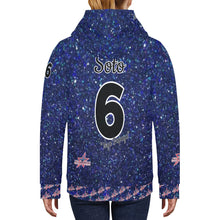 Load image into Gallery viewer, All American Softball Number Nickname Blue Glitter Basic Numbers Women's Long Sleeve Fleece Hoodie (Model H55)