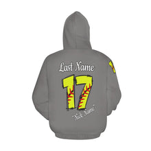 Load image into Gallery viewer, Altitude Grey Last name/Number Nickname Softball Numbers All Over Print Hoodie for Women (USA Size) (Model H13)