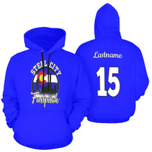 Load image into Gallery viewer, Steel City Name Number Blue All Over Print Hoodie for Women (USA Size) (Model H13)
