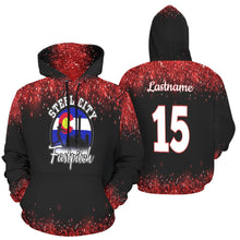Load image into Gallery viewer, Steel City Name Number Red glitter All Over Print Hoodie for Women (USA Size) (Model H13)
