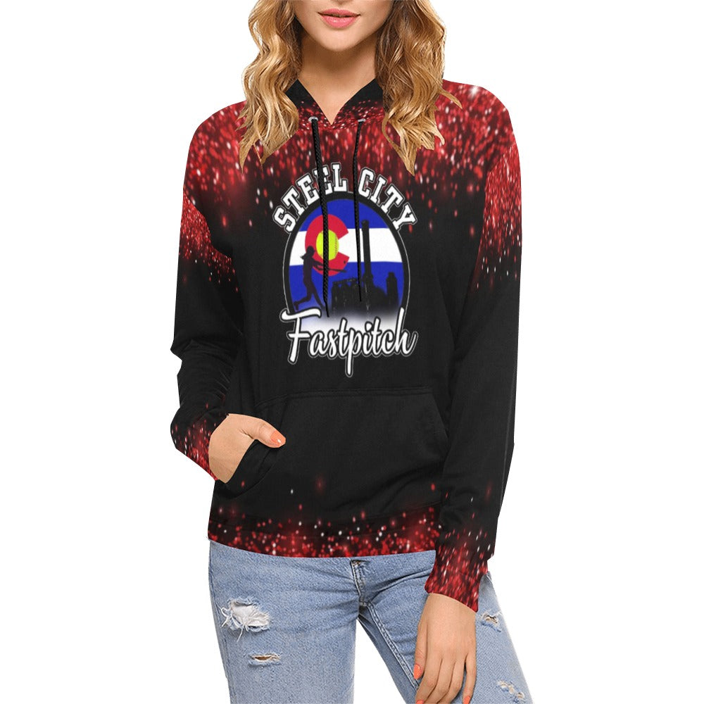 Steel City Name Number Red glitter All Over Print Hoodie for Women (USA Size) (Model H13)
