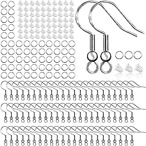 925 Sterling Silver Earring Hooks 150 PCS/75 Pairs,Ear Wires Fish Hooks,500pcs Hypoallergenic Earring Making kit with Jump Rings and Clear Silicone Backs Stoppers (Silver)