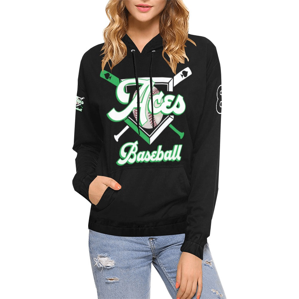 Aces Baseball Hoodie, Black Name/Last/Nick/Baseball Number All Over Print Hoodie for Women (USA Size) (Model H13)