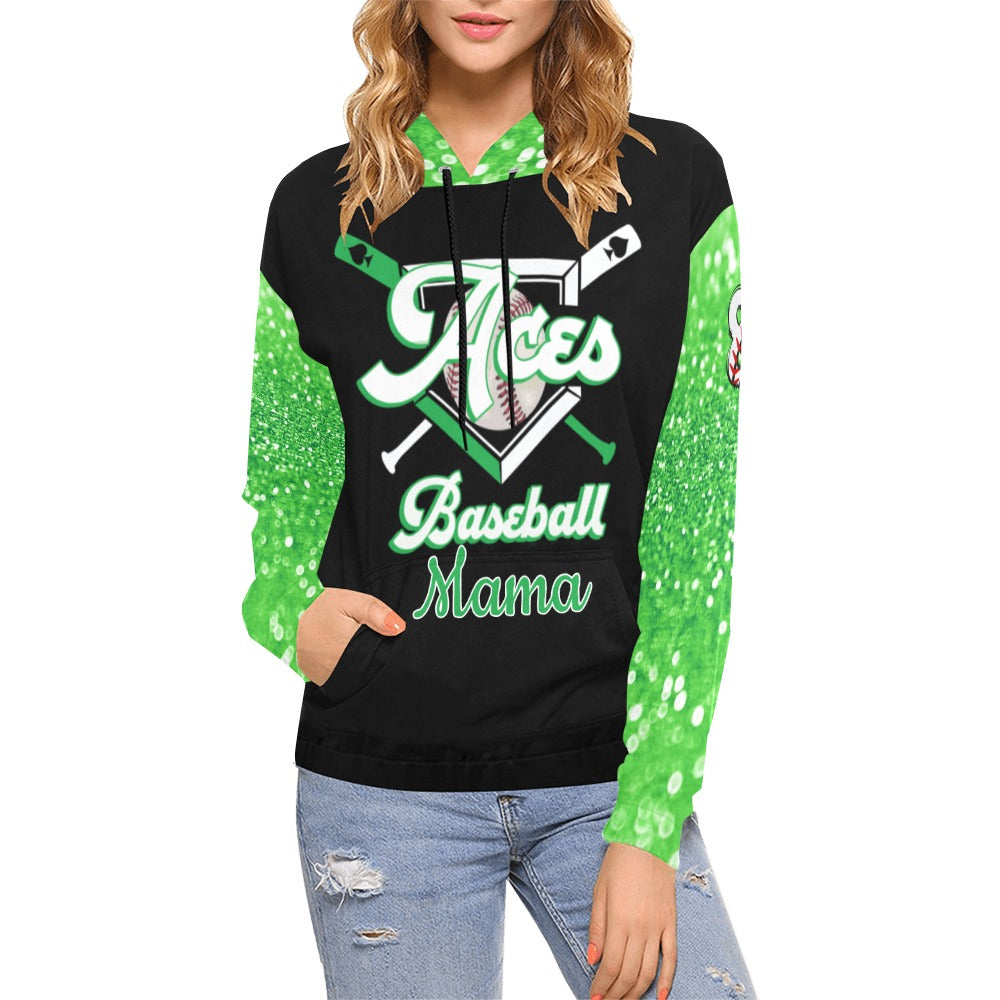 Aces Baseball Mama Hoodie, Glitter, Name/Last/Nick/Baseball Number All Over Print Hoodie for Women (USA Size) (Model H13)