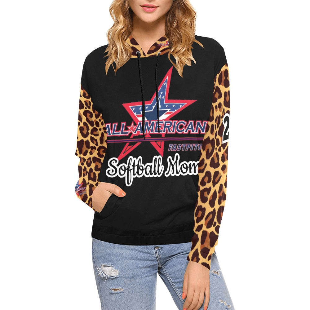 All American Mom Leopard White Hoodie Full Custom Black Red Words All Over Print Hoodie for Women (USA Size) (Model H13)