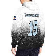 Load image into Gallery viewer, Flight Hoodie Black/White Name on hood. Light Blue Words All Over Print Hoodie for Men (USA Size) (Model H13)
