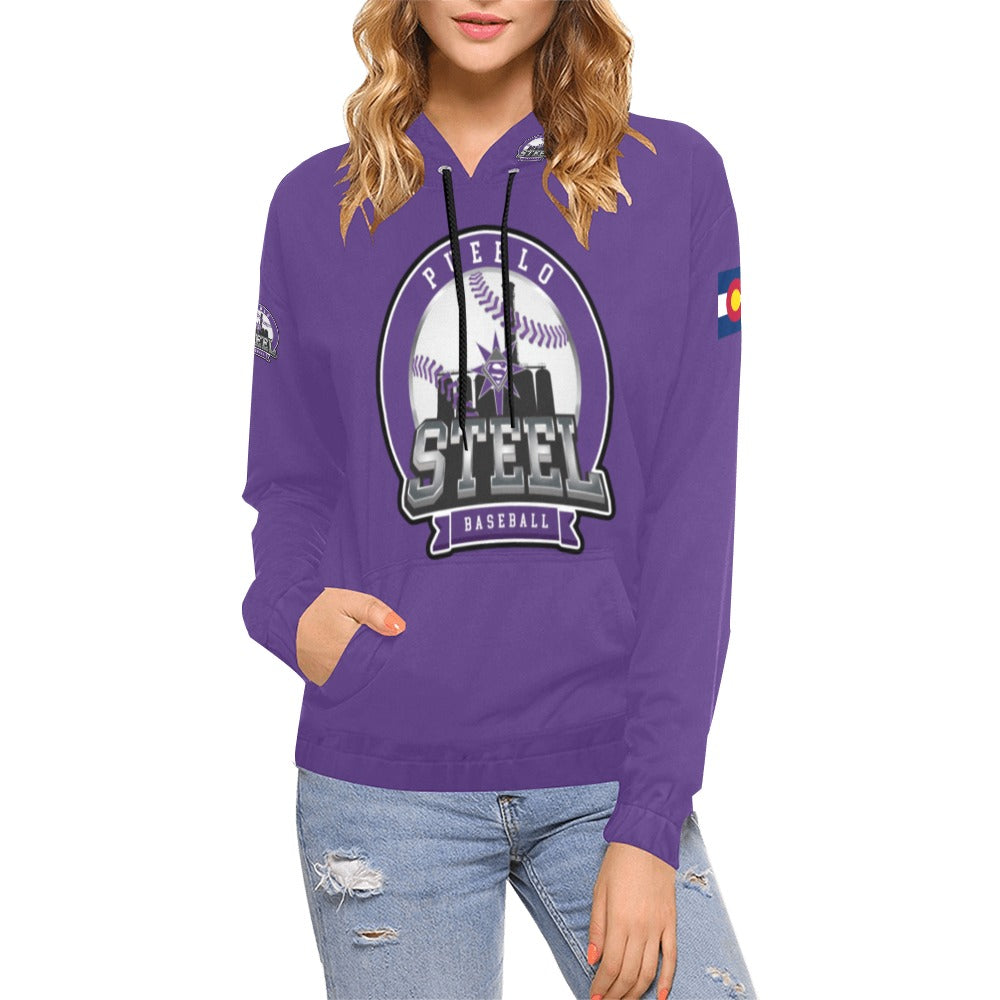 Pueblo Steel Last Name/Number Purple All Over Print Hoodie for Women (USA Size) (Model H13)