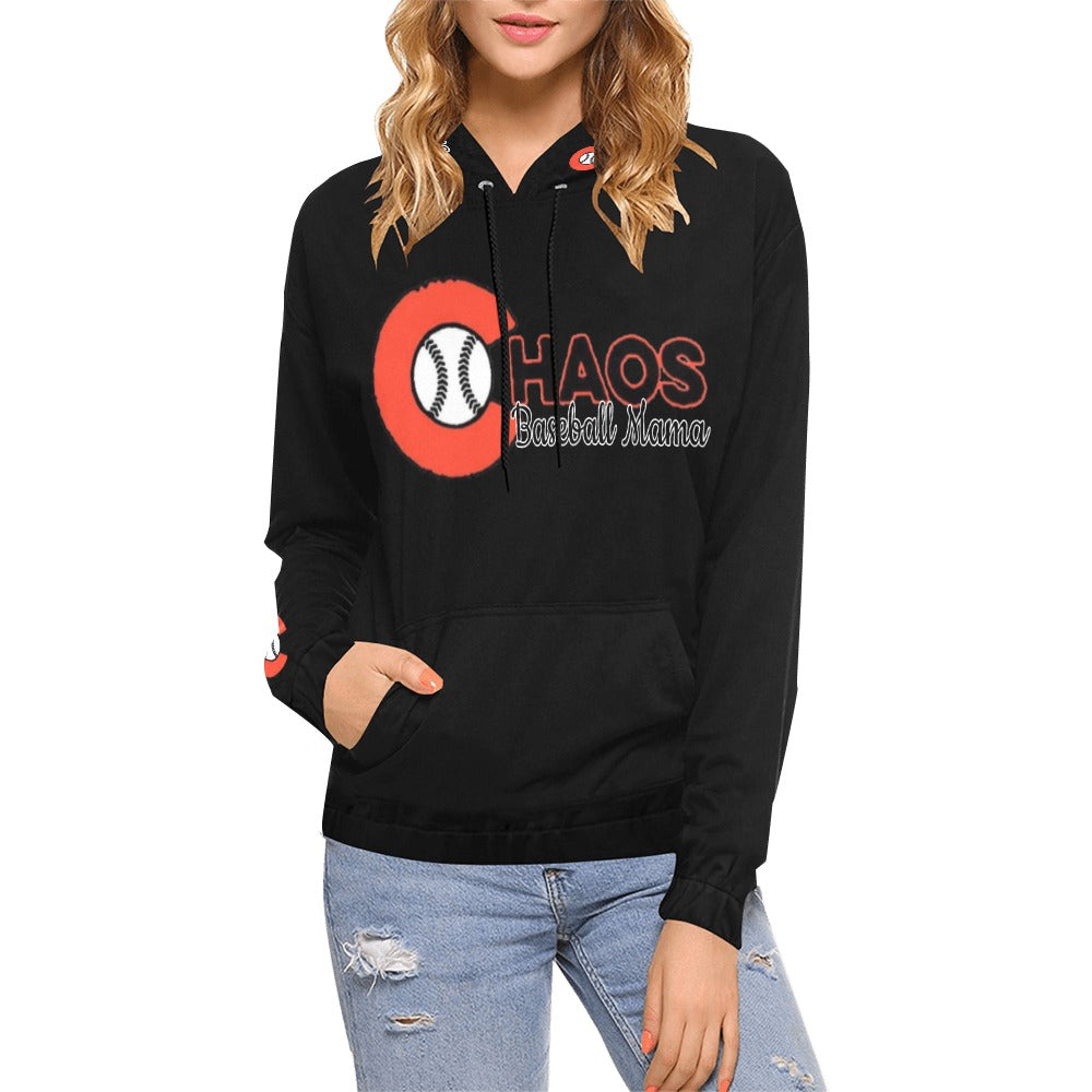Chaos Mama Black/Black All Over Print Hoodie for Women (USA Size) (Model H13)